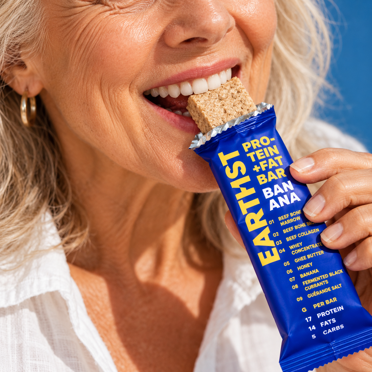 An older woman enjoying an EARTHIST Banana bar