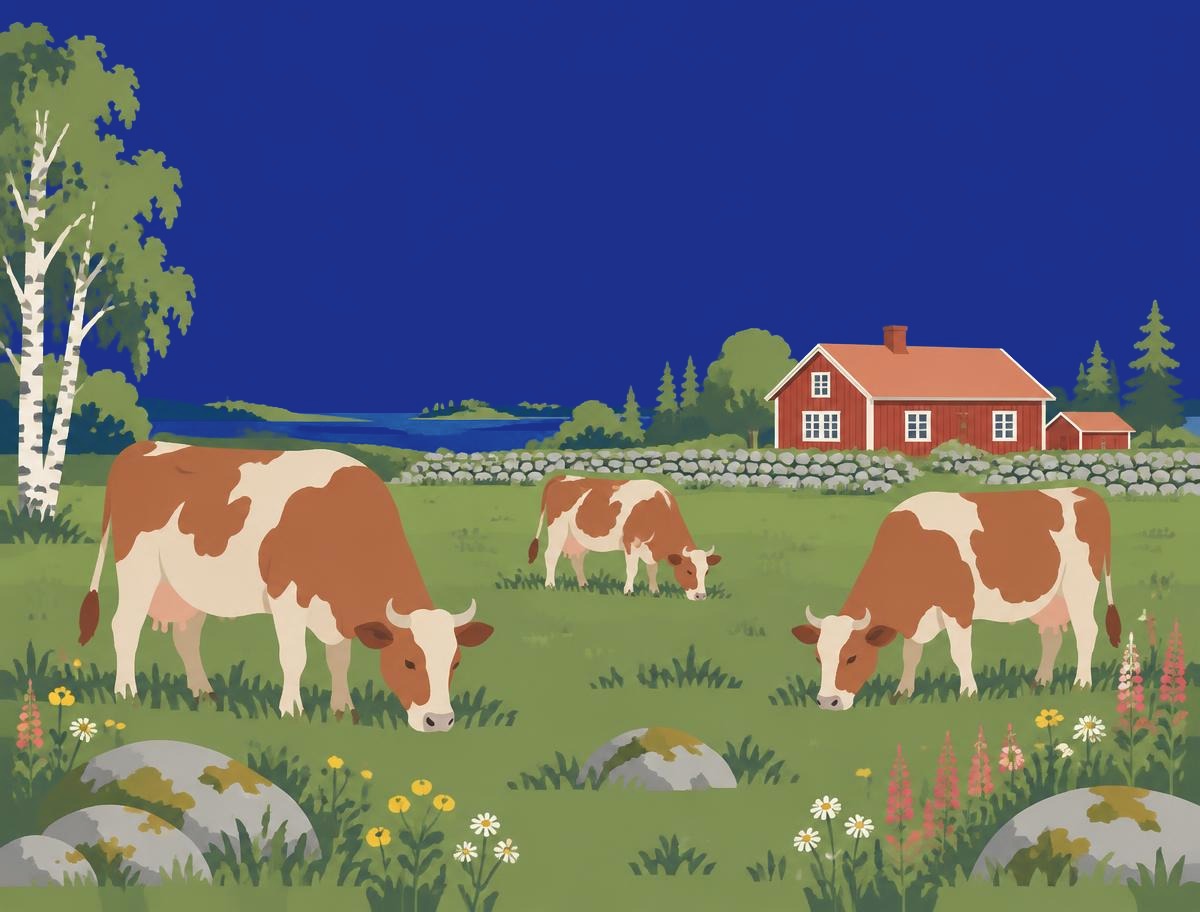 Organic grass-fed cattle grazing in a Swedish pasture