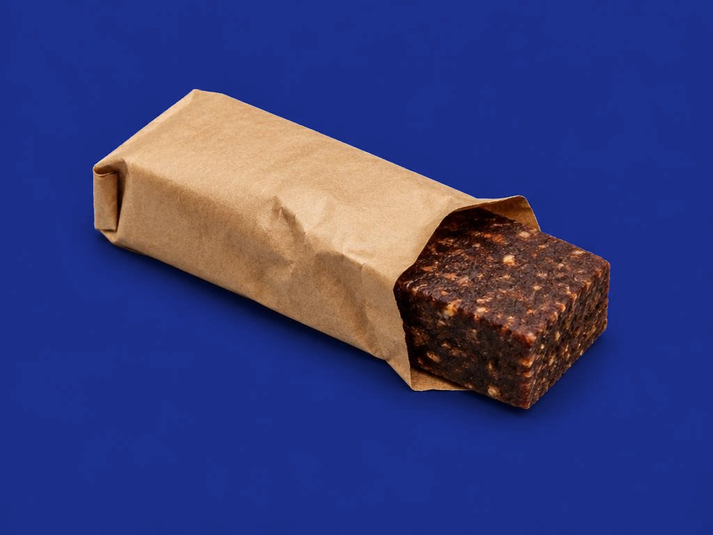A dry, dark pemmican meat-and-fat bar on brown paper