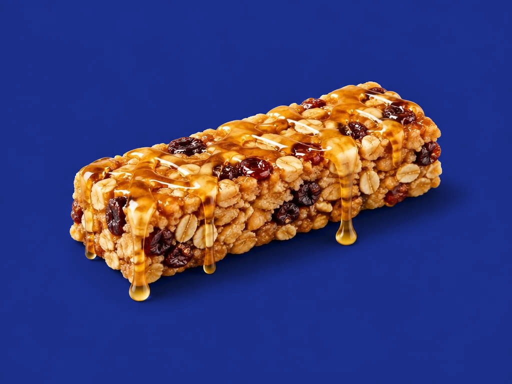 An overly sweet protein bar dripping with syrup and dates