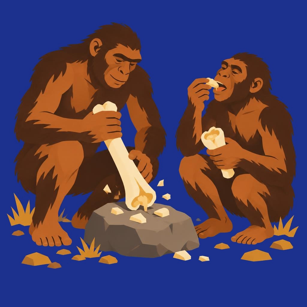 Two early human ancestors crouched on dry ground, cracking a bone open to eat the marrow